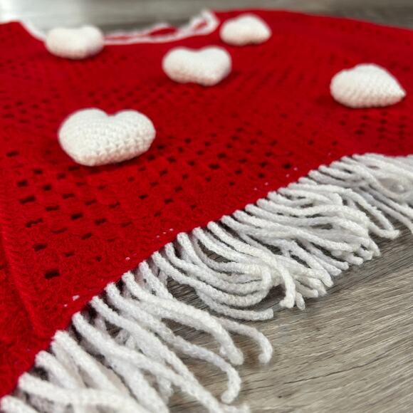 Handmade Crochet Sweater Red White Heart Fringe Festival Top Valentine Boho - Picture 3 of 7